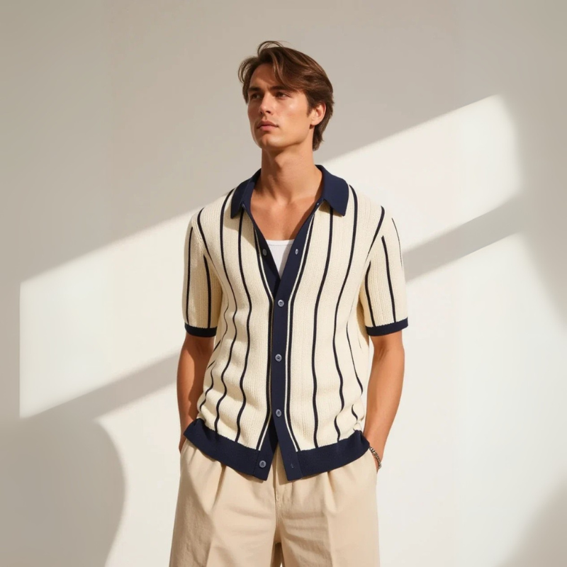 The Capri Cotton Knit Polo in Ivory & Navy