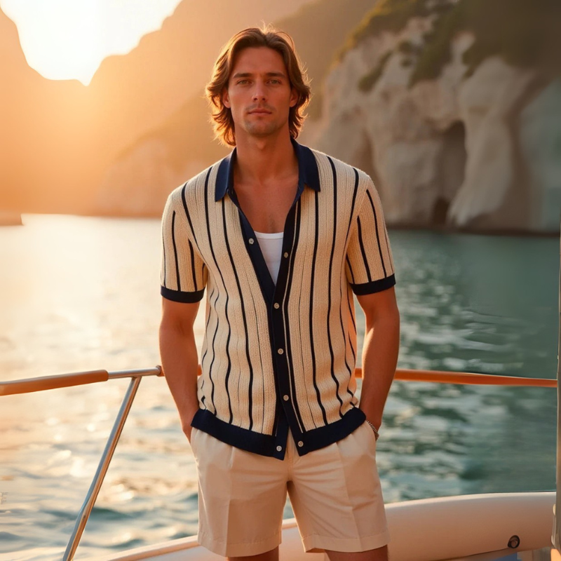 The Capri Cotton Knit Polo in Ivory & Navy