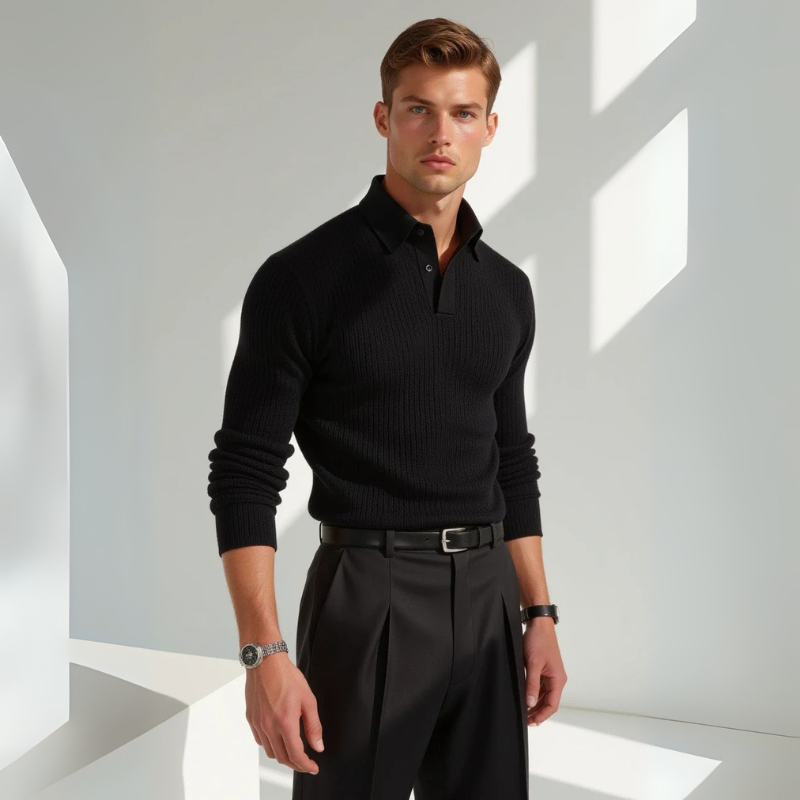 The Palermo Ribbed Cotton Knit Polo in Black