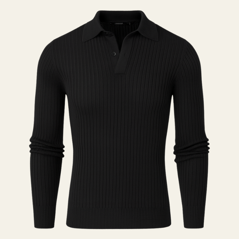 The Palermo Ribbed Cotton Knit Polo in Black